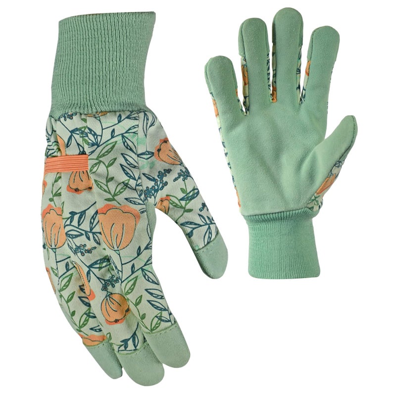 Digz Women's Leather Palm Garden Gloves with Knit Wrist, Coral Floral Pattern, Large
